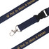 A navy woven lanyard featuring a metal clip and a plastic buckle, with a logo included.