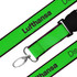 A bright green woven lanyard with a clip and a branding logo.