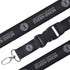 A black woven lanyard with a clip and a buckle, featuring a logo and text along its length.