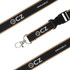 A detailed woven lanyard in black and brown with a clasp and a logo.