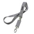 A grey neoprene lanyard featuring a logo and a metal clip attachment.