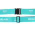 A turquoise ribbed luggage belt with black buckles and a logo on the strap.