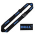 A woven luggage belt in black with blue branding, featuring an adjustable buckle.