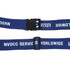 A woven luggage belt in blue with black clasps and a logo, designed for securing luggage.