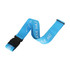 A blue woven luggage belt with a black buckle and a logo, designed for securing bags.