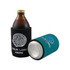 A drink bottle in a black stubby holder next to a can in a teal stubby holder, both featuring logos.