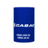 A blue stubby holder featuring a logo, designed to fit standard drink bottles.