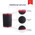 A black stubby holder with red accents, featuring overlocking and stitched seams. It has a logo.
