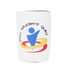 A drink bottle holder in white with a logo featuring blue and yellow elements, designed to keep beverages insulated.