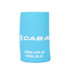 A drink bottle holder in light blue with a white branding logo on the front. It has a base for stability.