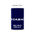 A navy blue stubby holder with a base and a logo printed on the front.