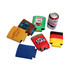 A collection of colourful foldable stubby holders in various designs, including blue, red, and yellow, alongside a can.