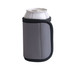 A drink bottle holder in grey with a black trim, featuring a logo on its side.