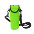 A drink bottle cooler in bright green with a black strap and securing clips. Features a logo on the front.