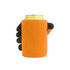 An orange stubby holder with a black glove-like design, holding a can of Crystal Spring Peach Tea.
