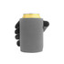 A drink bottle is held by a grey stubby holder featuring a hand design. The holder has a logo on it.