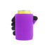 A drink bottle holder in vibrant purple, designed to resemble a hand with black fingers, featuring a can inside.