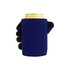 A stubby holder in navy blue, featuring a hand design, holding a can of drink.