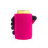 A bright pink stubby holder designed to fit a drink can, featuring a black hand-shaped grip.