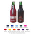 A drink bottle cooler featuring a zippered design in maroon and black, with branding and a variety of colour options below.