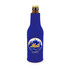 A drink bottle cooler in blue with a logo, designed to fit standard-sized bottles.