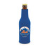 A drink bottle is encased in a blue zippered cooler with a circular logo featuring a city skyline and a baseball.