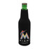 A drink bottle is wrapped in a black zippered cooler with a logo featuring multicoloured graphics.
