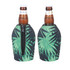 A drink bottle cooler in green tropical leaf design, featuring a zipper, accommodating two bottles.