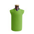 A drink bottle cooler in bright green with a V-neck design, featuring a bottle inside and a gold cap.