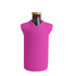 A drink bottle cooler in bright pink, designed with a V-neck shape and featuring a logo.