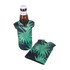 A drink bottle cooler featuring a tropical green leaf design, with a matching cooler sleeve beside it.