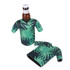 A drink bottle cooler in green with a tropical leaf design, shaped like a cricket jersey. Features short sleeves.