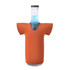 A drink bottle is covered in an orange jersey-style stubby cooler, featuring a rounded neckline and short sleeves.