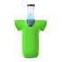 A drink bottle with a green neoprene stubby cooler shaped like a t-shirt. It has a circular cap on top.