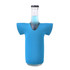 A drink bottle in a blue Jersey Stubby Cooler with short sleeves and a v-neck design. Features a logo.