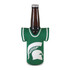 A drink bottle covered in a green jersey stubby cooler featuring a logo, resembling a sports uniform.