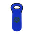 A drink bottle cooler in blue, featuring a handle and a logo. Soft, insulated material for keeping beverages cool.