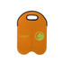 A drink bottle cooler in bright orange with black trim and a logo on the front. It has a handle for easy carrying.