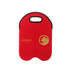A drink bottle cooler in vibrant red with a handle and a logo, designed for twin bottles.