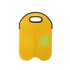 A drink bottle cooler in bright yellow, featuring a black trim and a logo on the front. Twins bottle design.