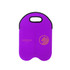 A drink bottle cooler in purple with a handle and a logo on the front. It has a dual bottle capacity design.