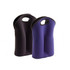 A drink bottle cooler set with a black and a purple design, featuring handles and a sleek, modern shape.
