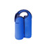 A drink bottle cooler in vibrant blue, featuring a twin design and a snap handle. It has a logo on one side.