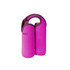 A drink bottle cooler in vibrant pink, featuring a snap handle and two compartments for bottles, with a logo present.