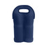 A drink bottle carrier in navy blue neoprene holding two bottles, featuring a handle and a logo.