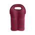 A drink bottle carrier in burgundy neoprene, designed to hold two bottles, featuring a handle and a sleek design.