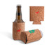 A drink bottle and can are wrapped in flat packed cork stubby holders featuring a logo. The holders are tan in colour.