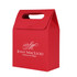 A red die-cut handle bag with a top flap and a logo on the front. It measures 135x200x75mm. A red die-cut handle bag with a top flap and a logo on the front. It measures 135x200x75mm.
