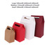 Four die-cut handle bags in red, white, and brown, varying in size and featuring cut-out handles. Four die-cut handle bags in red, white, and brown, varying in size and featuring cut-out handles.