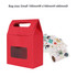A red die cut handle bag with a clear window, accompanied by various decorative stickers. A red die cut handle bag with a clear window, accompanied by various decorative stickers.